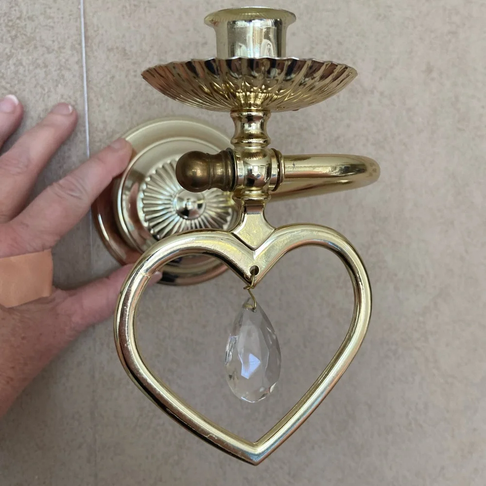 Home Interiors Gold Heart Candle Holders with Crystal Drops